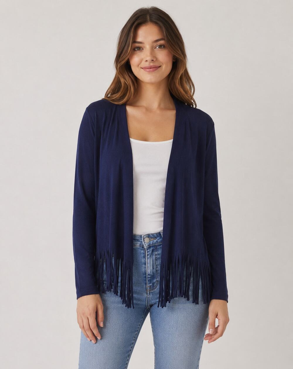 Women’s Navy Fringe Open-Front Cardigan Estimated Size XL